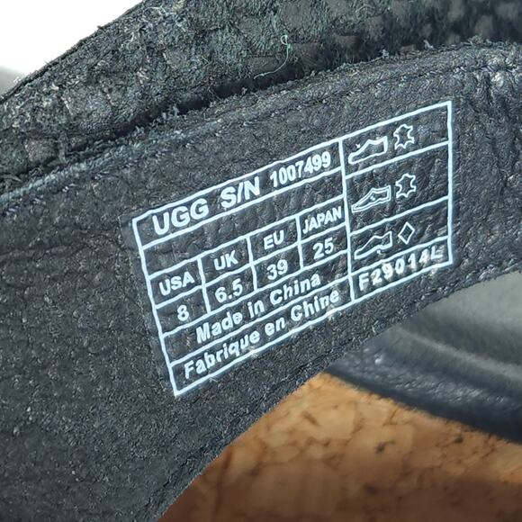 UGG Women's Natassia US8 Black Leather SlipOn Cork Wedge Platform Thong Sandals - Picture 13 of 15